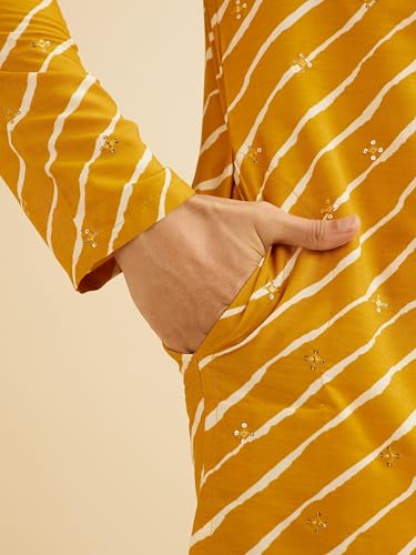 Manyavar Men's Art Silk Leheriya Printed Kurta Set (Mustard,XXXL)