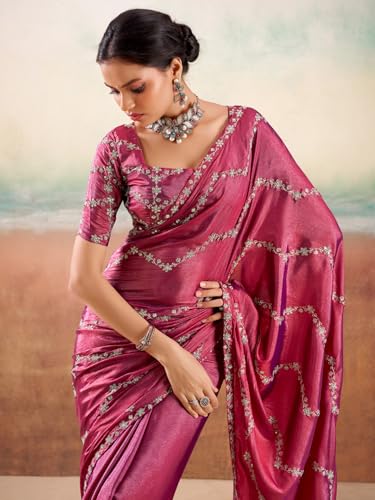AKHILAM Women's Pink Georgette Embellished Saree With Unstitched Blouse Piece (PARINAY1004_SR)