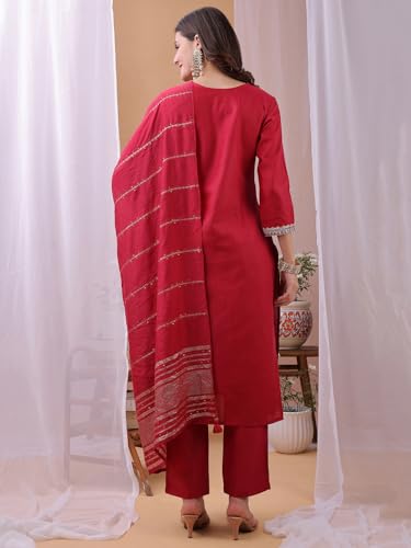 Hritika Pink Cotton Blend Embroidered Kurta with Pants and Dupatta Set | Ethnic Set | Suit Set | Kurta Set | Wedding Suit Set for Women
