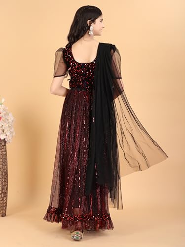 Xavima Niharika Maroon Girls Super Net Readymade Lehenga Choli Set With Dupatta Skirt Blouse Dress Outfit For Kids Event Stage Celebration School Gathering Public Program_3-4 Years