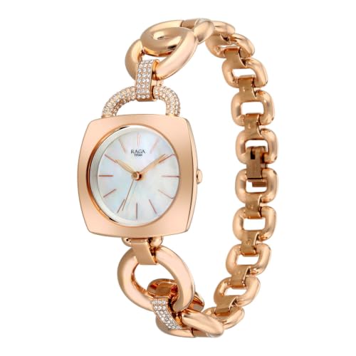 Titan Raga Unlocked Quartz 3 Hand Shaped White Mother of Pearl Dial, IP Rose Gold Strap Watch for Women - 2836WM01