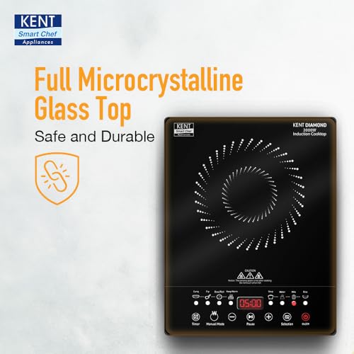 KENT Diamond Induction Cooktop 2000W|8 Preset Menu|Full Microcrystalline Glass|Feather Touch Buttons & Led Display|Milk Boiling & Keep Warm Function|Overheat Protection & Auto Turn-Off, Radiant,Black