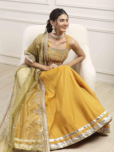 BIBA Women Yellow Cotton Zari Tissue Regular Lehenga Set_36
