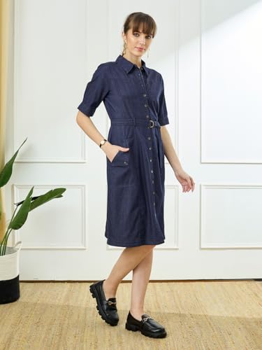 Latin Quarters Women's Blue Half Sleeves Collar Neck Casual Solid Dress_XXL