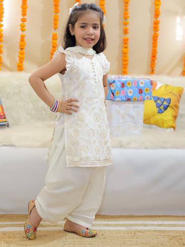 BownBee Chanderi Kurti with Patiala Salwar and Dupatta for Girls-Off white (Set of 1) Solid/Printed colorful full length fully stitched regular fit Ethnic wear dress for Kids-Age_1 to 2 Years