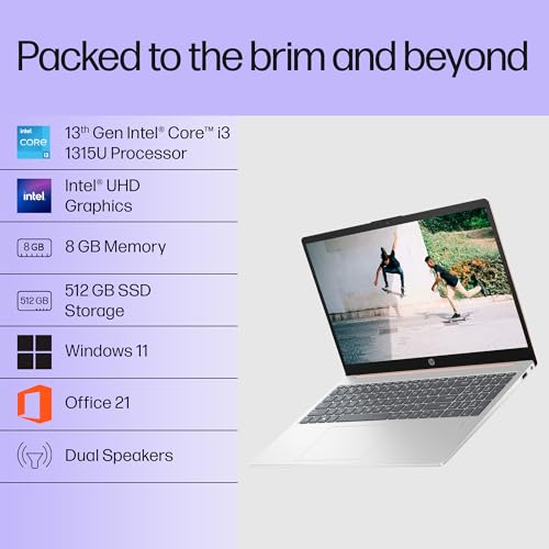 HP 15, 13th Gen Intel Core i3-1315U Laptop (8GB DDR4, 512GB SSD) Anti-Glare, Micro-Edge, 15.6"/39.6cm, FHD, Win 11, MSO 21, Silver, 1.59kg, Intel UHD Graphics, 1080p FHD Camera, 15-fd0465TU