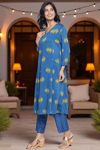 W for Woman Tropical Blue Printed Crepe Flared Kurta, Straight Pant and Dupatta Set (Size: 3XL)-WS12920-125885