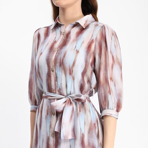 Madame Blue Abstract Print Belted A Line Midi Dress