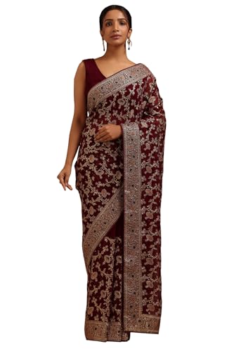 Soch Womens Wine Georgette Embroidered Saree With Stone Work