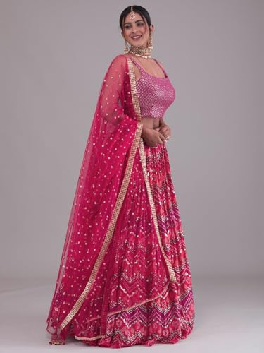 Zeel Clothing Women's Digital Print with Thread, Sequins Embroidered Work Georgette Lehenga Choli With Dupatta (5092-Pink-Women-Lehenga-Choli-Latest; Free size) (Pink)