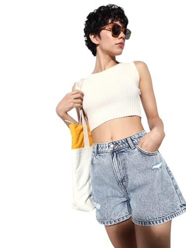 ONLY Women's Regular Fit High-Rise Blue Shorts