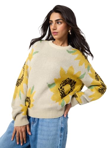 The Souled Store Sunflower Women and Girls Full Sleeves Round Neck Light Yellow Floral Printed Acrylic Drop Shoulder Streetwear Trendy Casual Cozy Winter Oversized Pullover Sweater