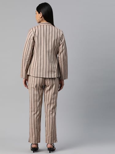 Cottinfab Women Striped Coffee Brown Notched Lapel Blazer Suit Set