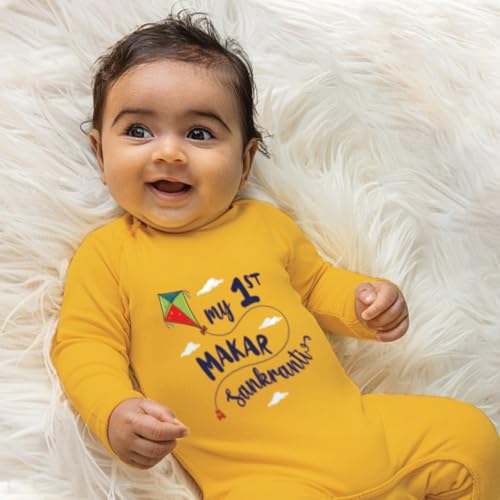 Zeezeezoo Newborn Baby Bodysuit My First Makar Sankranti Printed Baby Boy Baby Girl Full Sleeve Clothes Uttarayan Theme 3-6 Months