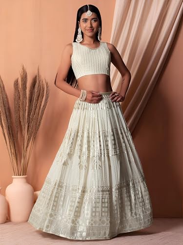 Zeel Clothing Women's Sequins Thread Embroidered Georgette Semi Stitched Lehenga Choli With Dupatta (5115-White-Wedding-Stylish-Latest; Free Size)
