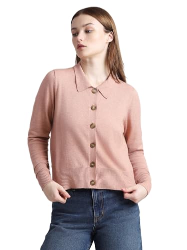 ONLY Women's Viscose Collared Neck Cardigan Sweater (15323381-Cameo Brown_Cameo