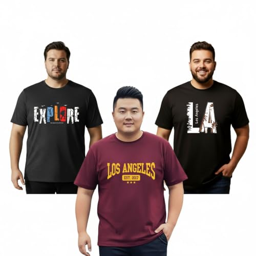 Khakey Mens Round Neck Half Sleeve Pure Cotton Plus Size T-Shirt| Charcoal Melang, Maroon, Black Tshirt | Pack of 3