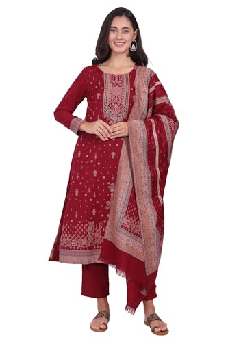 W for Woman Maroon Ethnic Motifs Printed Straight Kurta, Straight Pants and Dupatta Set - (WS13383-314582-XXL)