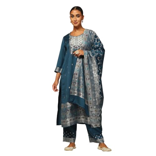 Rangriti Women's Acrylic Kurta Set (WNTRWR19647AW24PTRLBLU_Petrol Blue