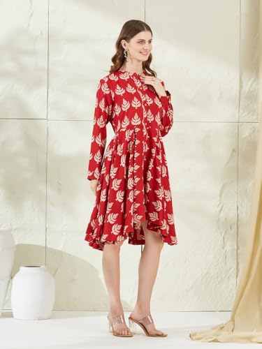 Divena Red Rayon Boat Neck Knee Length Dress