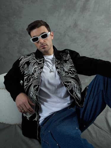 FUGAZEE Black Lineart Harrington Jacket for Men | Heavyweight Cotton Twill | Printed Lineart Design | Spread Collar | Zipped Closure | Lined Streetwear Bomber Jacket - S