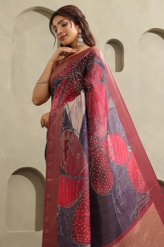 Soch Womens Purple Viscose Botanical Printed Saree