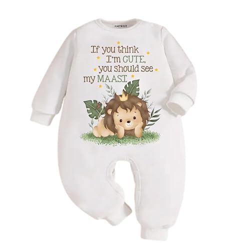 KNITROOT Maasi Theme, If You Think I'm Cute You Should See My Maasi Text Printed, Full Sleeves, Shoulder-Snap-Buttons, Cotton Jumpsuit, Rompers for New Born Baby, 0-3 Months, White, Infant Clothes