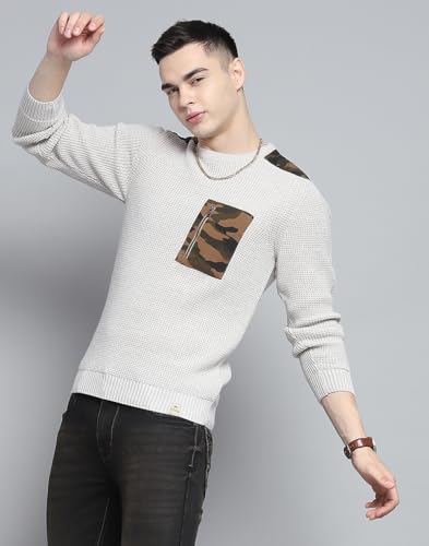 Monte Carlo Mens Self Design Beige Round Neck Full Sleeve Pullover