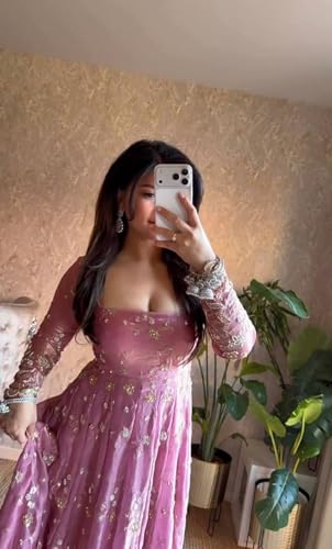 Women's Gown | Embroidery Work | Embroidered Heavy Fandy Silk Outfit | Designer Embroidered Dress with Dupatta || Long Sleeve Gowns (in, Alpha, M, Regular, Women, Light Purple)