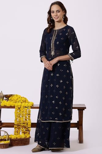 W Blue Straight Kurta, Flared Pant & Dupatta for Women (Size: 3XL)-24AUWS11679-400712