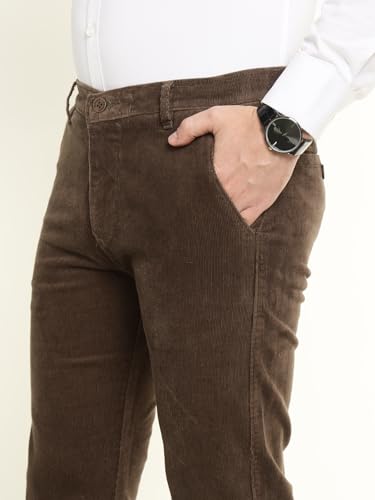 Hancock Men Cotton Solid Slim Fit Trousers Brown Size 30, Ideal for Work and semi Formal Occasions, Comfortable Stretch Waistband, Classic Silhouette with Modern Comfort
