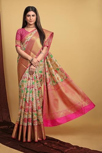 SGF11 Women's Kalamkari Kanjivaram Pure Soft Silk Handloom Saree Pure Golden Zari With Blouse Piece (Peach 06)