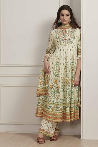 Biba Women Cream-Toned Cotton Printed Kalidar Suit Set_34