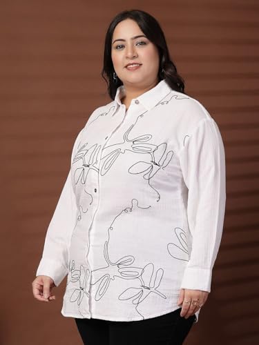 Women Plus Size Abstract Printed Monochrome Cotton Casual Shirt (FSTP23579-WHITE-3XL)
