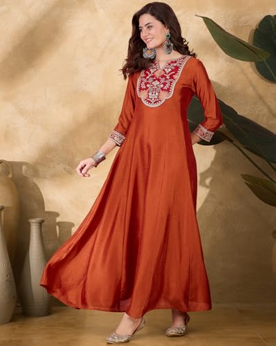 SheWill Orange Vichitra Silk Zari Sequence Thread Cording Embroidered Gown for Women – Elegant Floor-Length Ethnic Ensemble with Graceful Detailing SHEKR10215_ROOH_B