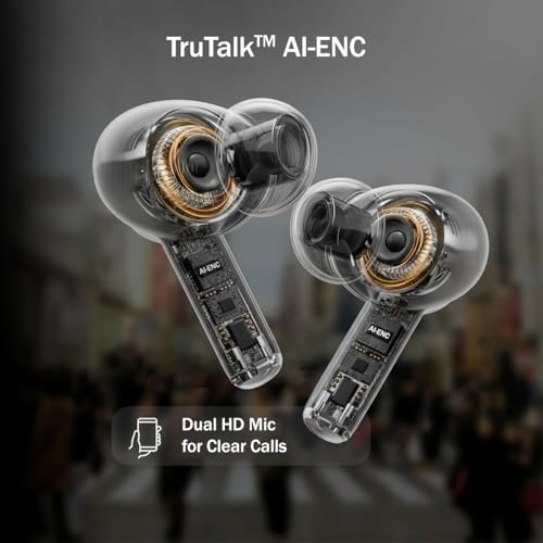 pTron Bassbuds Eon in-Ear TWS Earbuds w/ 13mm Drivers, 45Hrs Playtime, Dual HD Mic & TruTalk AI-ENC Calls, Custom EQ,Mobile App, Bluetooth v6.0 Headphones,Voice Assist., Type C Charging & IPX5 (Black)