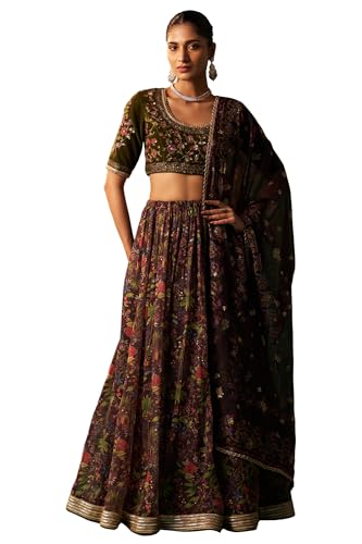 Wishful Women's Green Embroidered Velvet Blouse with Floral Printed Skirt and Dupatta Set (SP12875-223812-XL)