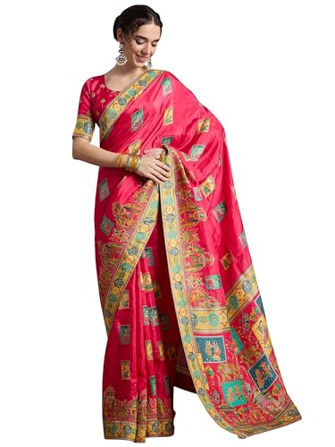 AKHILAM Women's Pink Viscose Silk Ethnic Motif Printed Saree With Unstitched Blouse Piece (MSTANI130E_HS)