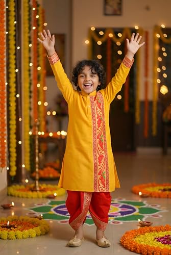 NEEDLE GO TRADITIONAL Boys Cotton Jamdani Kurta with Silk Dhoti Set, Traditional Indian Ethnic Wear, Full Sleeve, 2-14 Years, All Festival, 2 Piece Set for Festivals (YELLOW, 2-3 YEAR)