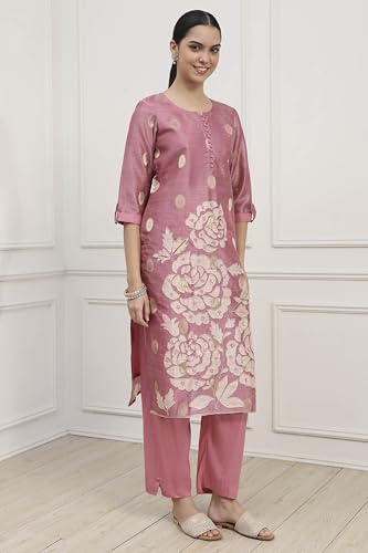 Biba Women Pink Chanderi Blend Printed Embroidered Unstitched Suit Set_FREE SIZE
