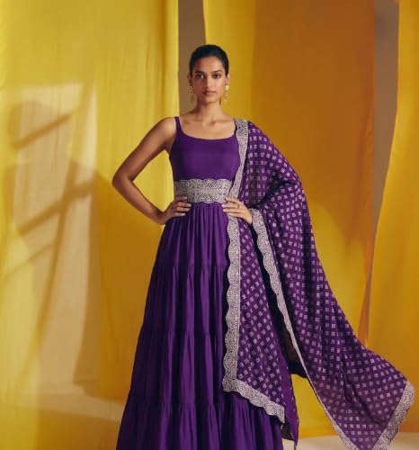 Women's Purple Silk Blend Anarkali Kurta Set With Dupatta