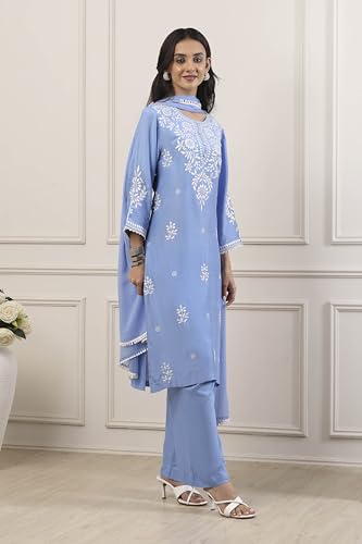 Biba Women Blue Poly Viscose Straight Suit Set_36