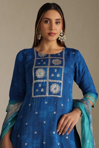 Soch Women's Blue Organza Zari Woven Suit Set With Faux Mirror And Sequins