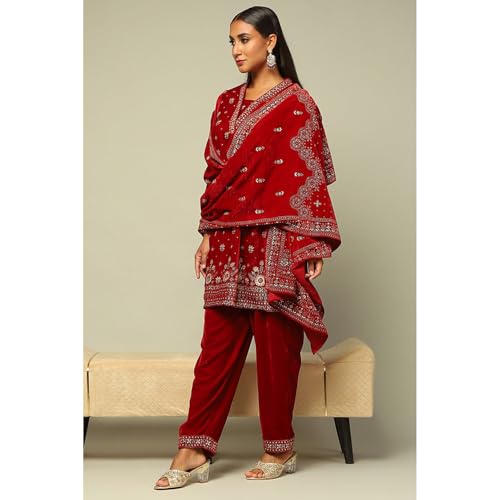 Rangriti Women's Poly Velvet Kurta Set (WNTRWR20383AW24RED_Red