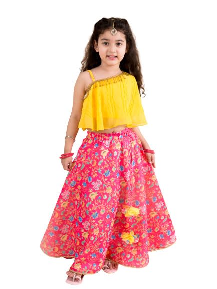 Pspeaches Girls Polyester Coral Yellow Ready To Wear Readymade Lehenga Choli (Orange-5-6Y), 5-6 Years