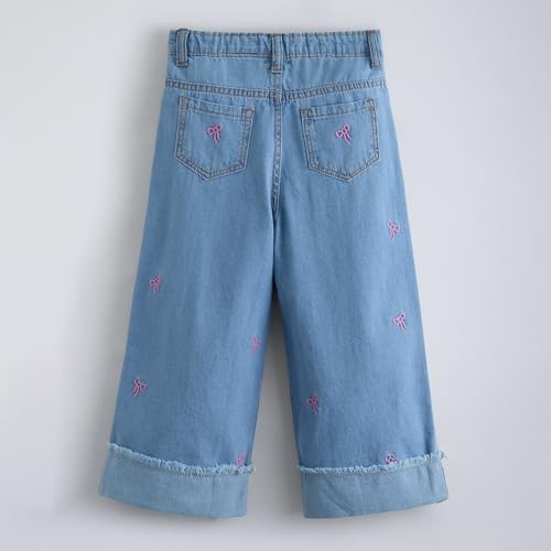Hopscotch Girls Bow Embroidered Denim Straight Jeans in Blue Color for Age (9-10 Years)