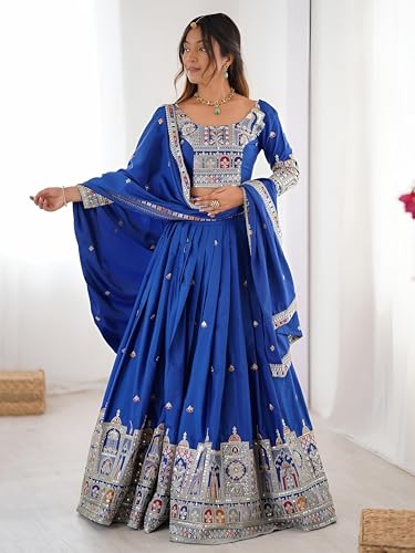 Zeel Clothing Women's Sequins Thread Embroidered French Crepe Lehenga Choli With Dupatta (5118-Royal-Blue-Women-Lehenga-Choli; Free size) (Royal Blue)
