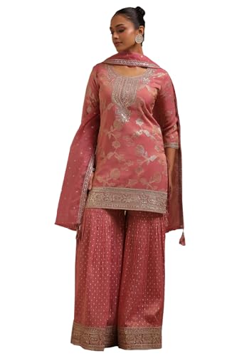 Soch Womens Pink Organza Zari Woven Suit Set Sequins