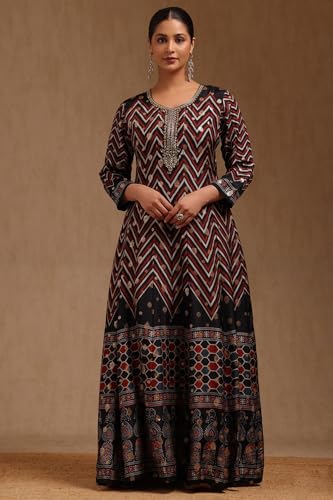 Soch Womens Black Russian Silk Chevron Gown with Mirror and Cutdana