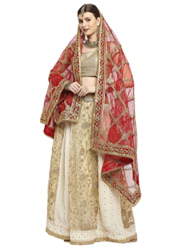 DUPATTA BAZAAR Women's heavily Embroidered Red Bridal Net Dupatta with kundan work